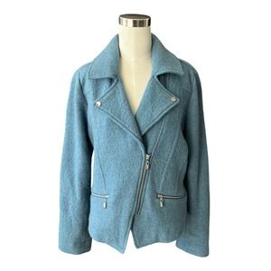 CHICOS 100% WOOL Moto Style Jacket Blazer Blue Womens Size 1 Med 8 Zip Up Pocket